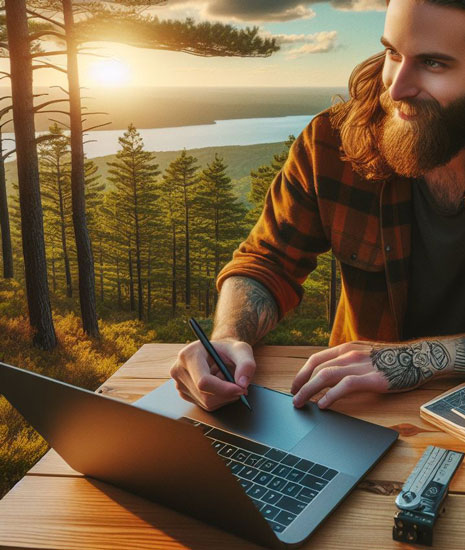 Bearded Tech working on web design in a pine forest with river and sunset in the background